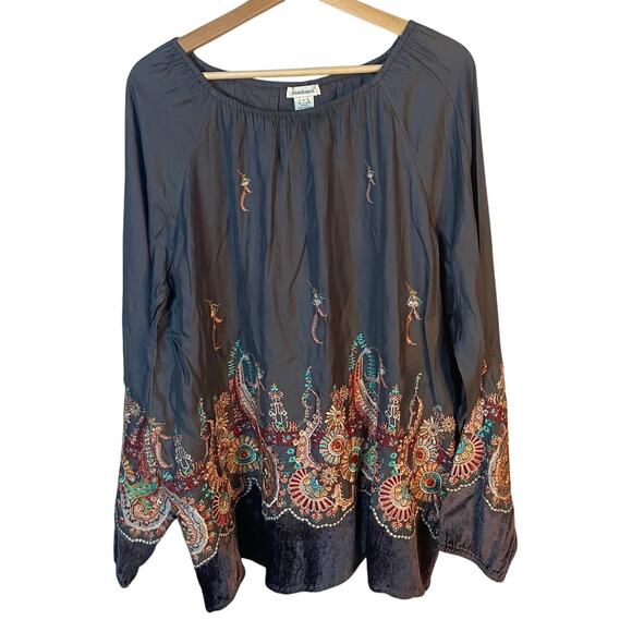 Sundance Embroidered Boho Peasant SZ LARGE Long Sleeve Top Gray Velvet Trim EUC - Picture 1 of 12